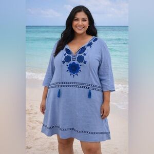 Boden Boho Blue Embroidered Peasant Tunic dress Sz US 16R Cottagecore Festival